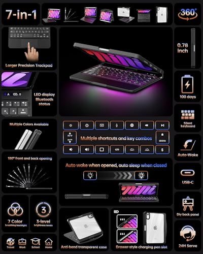 Image of Intermerge Case with Keyboard for iPad mini 7 (A17 Pro, 2024) & Mini 6 (2021) 8.3 inch - 360 Swivel Multi-Touch Trackpad, 7-Color RGB Backlit Keys, Pencil Holder, Power Indicator-Solid Black