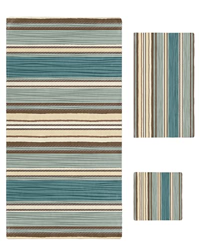 Teal Blue Green Striped Boho Bath Towels for Bathroom Set - Luxury Microfiber Towels Gifts for Women,Quick Dry Beach Kitchen Hand Hair Face Towel Washcloth,Antique Southwestern Native Pattern Tribal