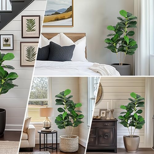5FT Fiddle Leaf Fig Artificial Tree Faux Floor Plant with Black Planter Pot, Potted Fake Fiddle Leaf Fig Tree for Indoor Outdoor Home Office Decor