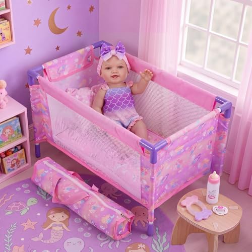 BABESIDE Baby Doll Crib Playset with Bedding & Accessories Portable Baby Doll Crib for 18 Inch Dolls Pretend Play Gift for Girls