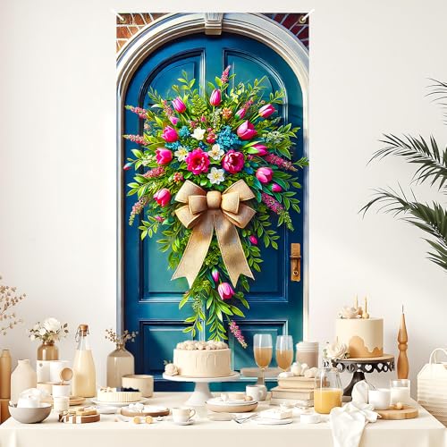 Image of Spring Tulip Bouquet Door Cover 35x71in Hydrangea Bow