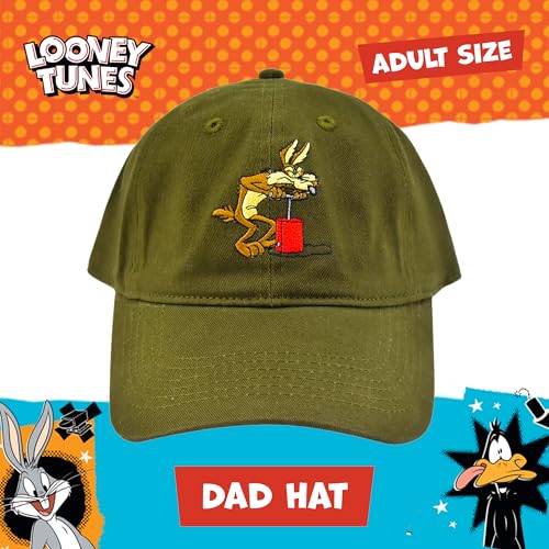 Image of Looney Tunes Baseball Cap, Wile E. Coyote and Road Runner Adult Adjustable Cotton Dad Hat with Curved Brim for Men and Women, Olive, One Size