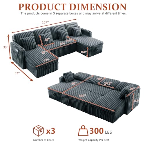 Image of 107'' Sectional Sleeper Sofa with Pull Out Bed, Storage Chaise, Adjustable Backrest, USB Charger, Cup Holder & Side Pocket, Fluffy Soft Corduroy U Shaped Couch for Living Room, Dark Grey