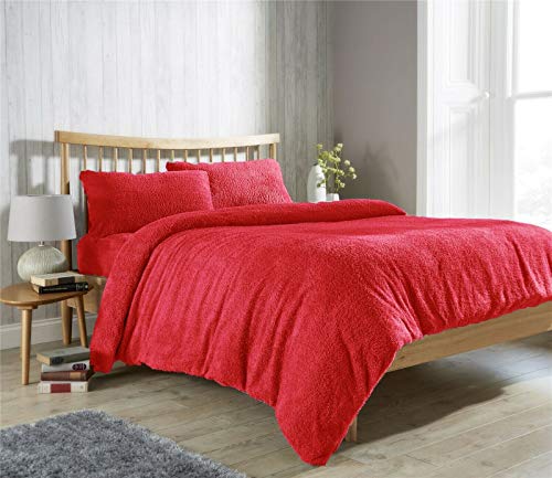 TEDDY BEAR FUR SHERPA FLEECE DUVET COVER, FITTED SHEET & PILLOWCASE BEDDING BED LINEN SET (Red, Single Fitted Sheet)