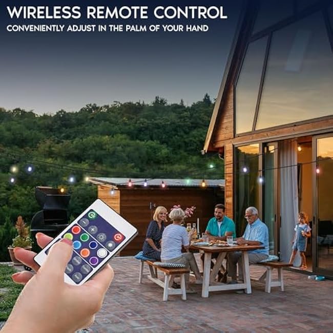LUXRITE 24FT LED RGBW Outdoor String Lights, Remote Control Color Changing Cafe Lights, Commercial Grade Waterproof, 12 Edison S14 Shatterproof Bulbs, IP65, Dimmable Outside Hanging Lights for Patio