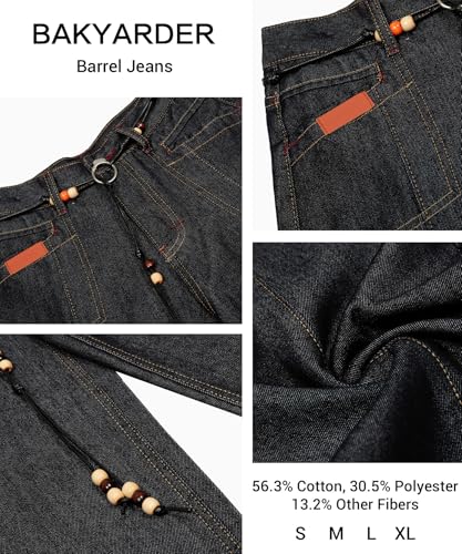 Unisex Barrel Jeans with Beaded Belt Retro Wide Leg Baggy Denim Pants Vintage Streetwear Style3