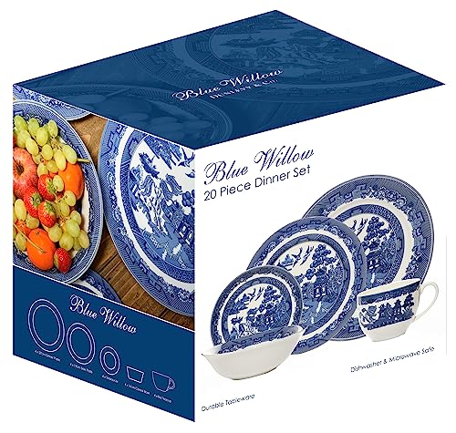 AuraHome Blue Willow 20 Piece Durable Tableware Dinner Set (Cup Saucer Side Dinner Plates Bowls) Iconic Elegant Blue-Printed Scene on White Porcelain Depicts Nature & Historical Imagery