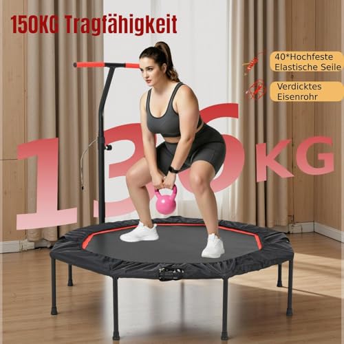 LIFERUN Mini Trampoline d'intérieur pour Adultes Ø 128 cm,Petit Trampoline de Fitness,Saut rebondissant,Capacité de Charge 150 kg,Corde en Caoutchouc,Poignées réglables en Hauteur,Maison, Rouge – Image 4