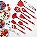 Silicone Cooking Utensils Set of 10, Kitchen Utensils Set for Cooking, 446°F Heat Resistant Silicone Kitchen Tools with Turner Spatula, Soup Ladle, Serving Spoons, Tongs for Nonstick Cookware - Red