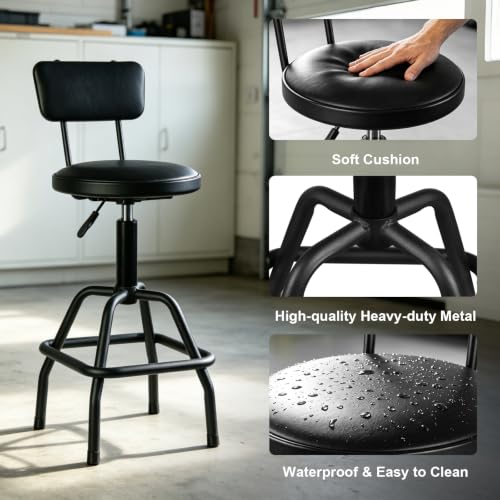Image of BIG RED Pneumatic Shop Stool with Backrest, Black | Heavy-duty steel frame, 300-lb cap. Adjustable height 26.5 inch-31 inch .With backrest. No-tool assembly.