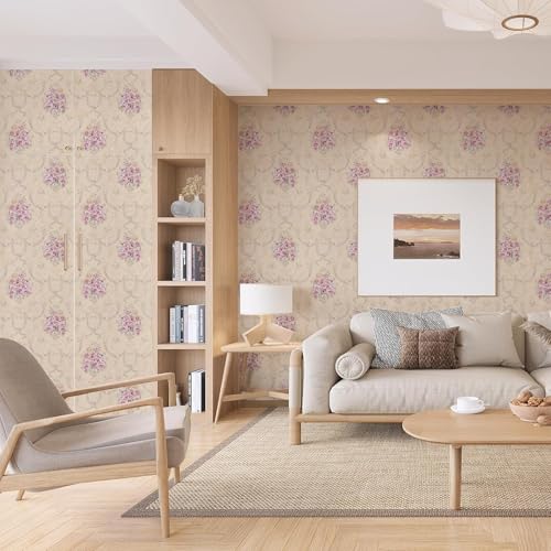 Image of Cream Pink Rose Flower Wallpaper - Self Adhesive Peel and Stick Floral Wall Stickers, Waterproof PVC Vinyl Decorative Paper for Home, Bedroom, Living Room & Furniture (45cm x 300cm)