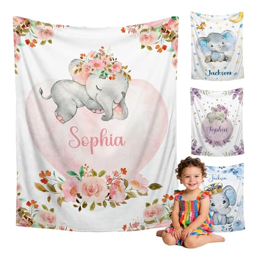 Ship Next Day, Personalized Baby Elephant Blanket for Boys Girls - Printed in USA,Super Soft Fleece Custom Baby Blanket with Name,Personalized Elephant Gifts for Baby Shower Kids Toddlers Newborn