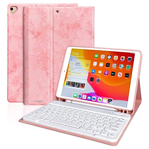 Tastatur Hülle für 2021 9th Gen/2019 10.2 Zoll 7. Gen, Air 10.5 2019 (3. Gen)/2020 10.2 Zoll(8. Gen) , Pro 10.5 2017 , Magnetisch Bluetooth Abnehmbare QWERTZ Deutscher Tastatur mit Schützhülle(Rosa)