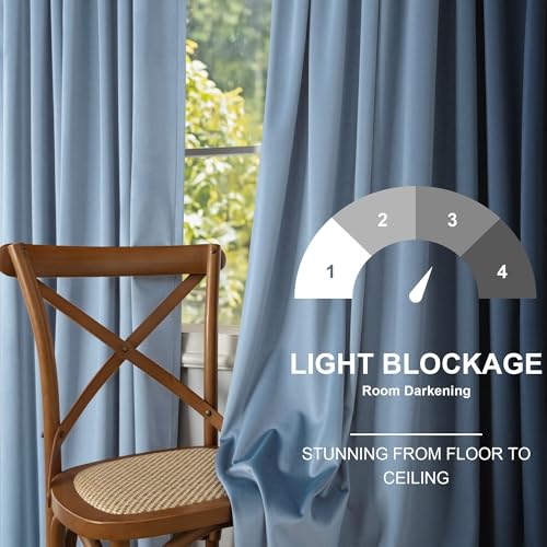 Image of Dusty Blue Velvet Drapes for Baby Boy Bedroom 96 Inches Long 2 Panel Thermal Insulated Light Blocking Floor Length Slate Stone Blue Velvet Curtains for Modern Home Decor Back Tab Pocket Greyish Blue