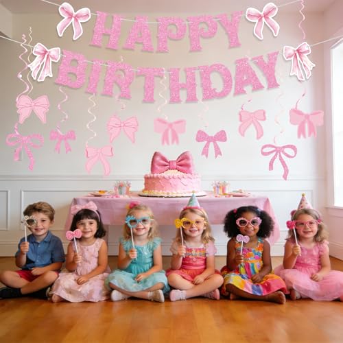 Image of Pink Bow Birthday Decorations - Happy Birthday Banner & Garland with 10 Pink Bows for Girls' Coquette Parties