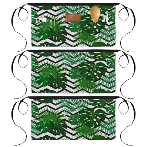 Lot de 3 tabliers courts de chef à motif tropical avec 3 poches pour serveur et bistrot