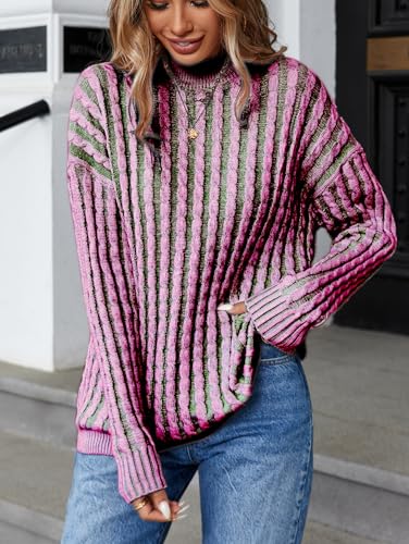 Famulily Womens Casual Long Sleeve Turtleneck Pullover Sweater Cable Knit Striped Color Block Sweater Tops2