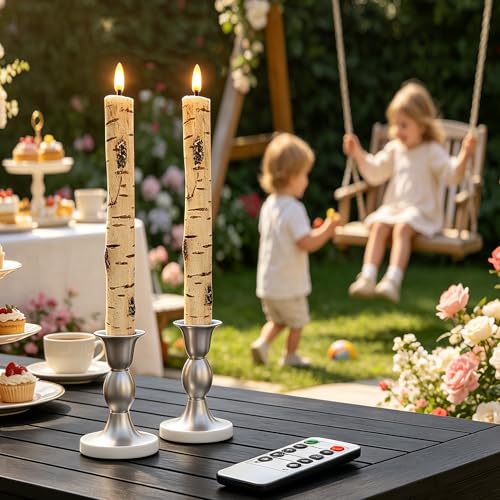 Image of LED 9.84 inch Flameless Taper Candles with Birch Bark Effect Battery Operated Real Wax Flickering Candlesticks with Remote Control and Timer Rustic Primitive Lights Decor Vintage Candles, Pack of 2