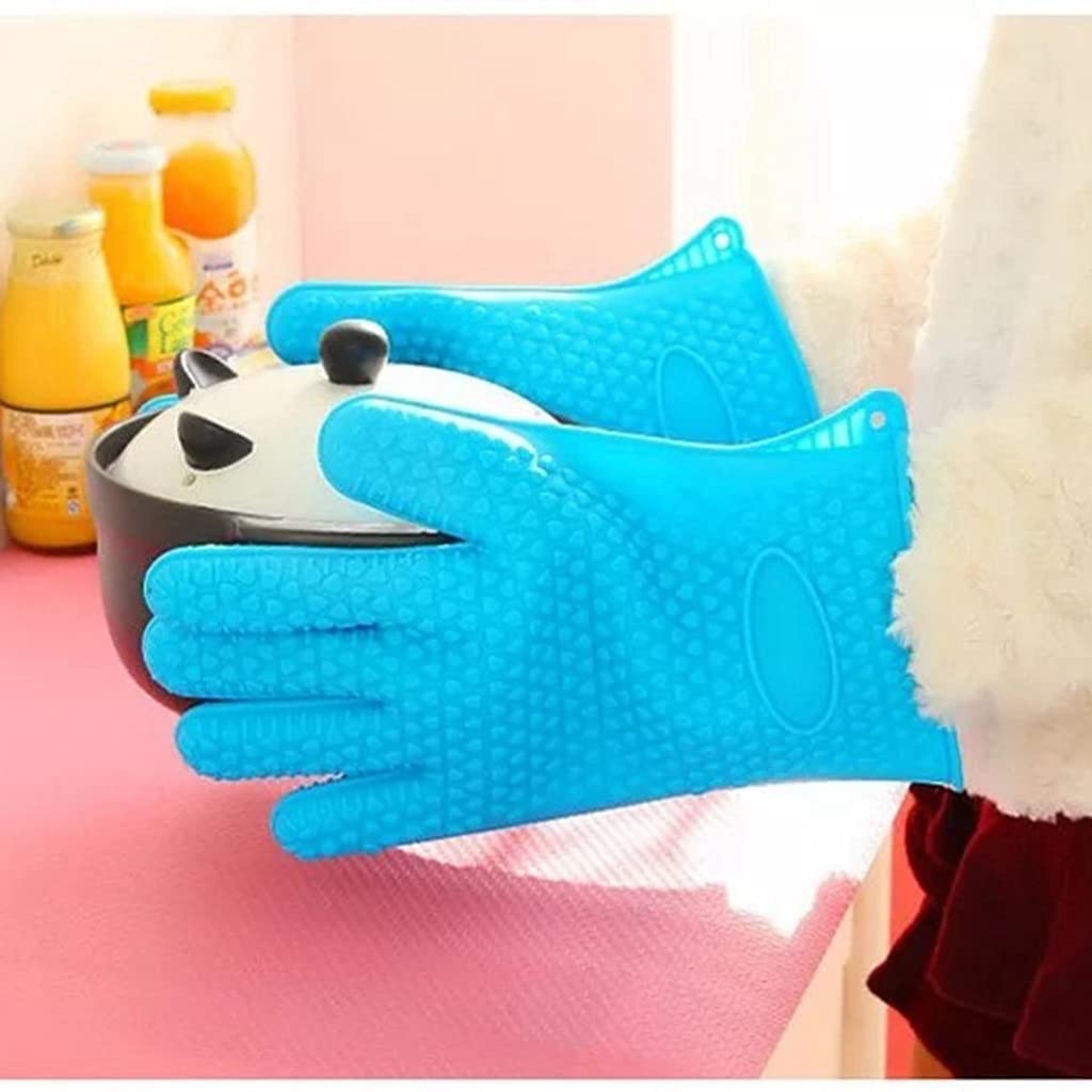 Gants de Cuisine Gants en Silicone À Cinq Doigts Épaissi Anti-dérapant Anti-brûlure Isolation Thermique Four À Micro-Ondes Haute Température, 2 Pièces Manique(Oranje)