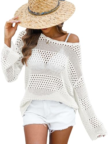ANRABESS Blusa feminina de crochê casual de manga comprida vazada...