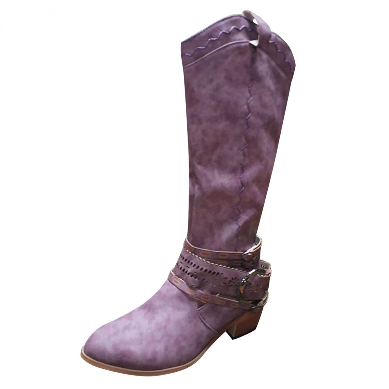 Knee High Western Cowboy Cowgirls Boots for Women Vintage Boho Lace Pointed Toe Chunky Block Mid Heels Knee
