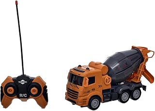 شاحنة بلاستيك بتصميم هندسي مع جهاز تحكم عن بعد واضواء ملونة للاطفال، بني فاتح ورمادي