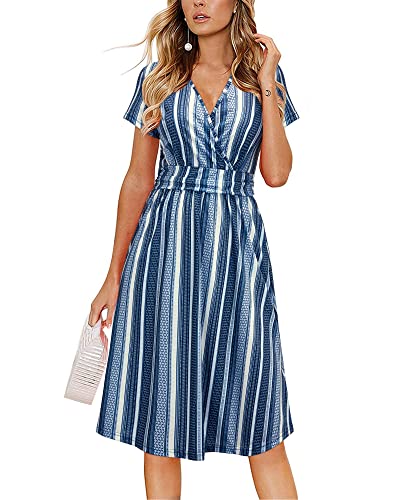OUGES Donne Estate Vestito Casual Scollo V Manica Corta Signore Matrimonio Ospite Midi Vestito con Tasche