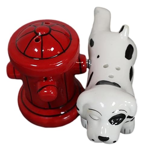 Ebros Gift 2870879 Ebros Where'S The Fire? Peeing Dalmatian With Red Fire Hydrant Ceramic Salt And Pepper Shakers Magnetic Set Figurines thumb #2