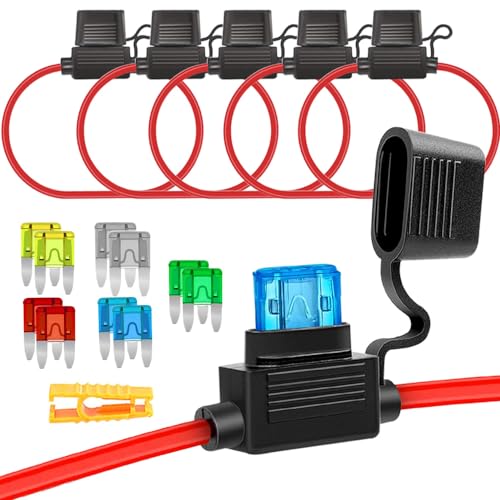Aiqeer 5 Stück 32V Kleine Auto Inline Flachsicherungshalter, Wasserdichte KFZ Inline Mini Flachsicherungshalter mit 16 AWG Draht, Gratis 10 Stück Mini Flachsicherungen und Sicherungszieher