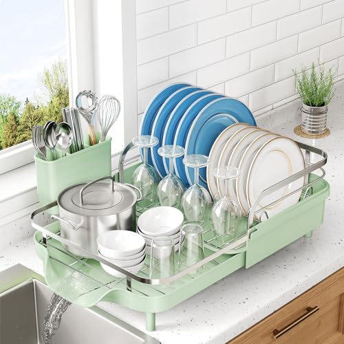 Image of SNTD Dish Drying Rack, Expandable Dish Rack for Kitchen Counter, Stainless Steel Dish Drainer with Drainboard Set and Utensil Holder (Green)