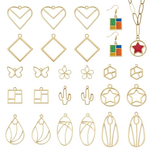 Bestewelry 44Pcs Alloy Open Back Bezel Pendants 11 Styles Golden Hollow Frame Dangle Charms Butterfly Flower Geometry Charms for DIY UV Resin Earrings Necklace Pressed Flower Jewelry Making
