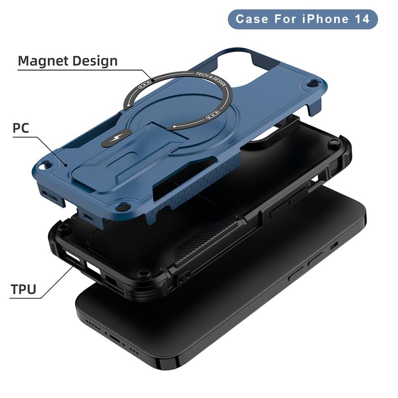 Image of US LITE Back Cover for iPhone 14 with Portable Kickstand | MagSafe Compatible Magnetic Case | Shockproof Military Grade Protection | Extreme Protection Phone Cover - Blue