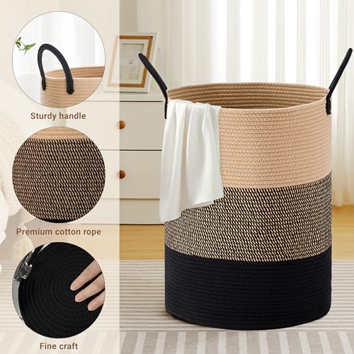 Image of 100L Extra Large Tall Cotton Rope Laundry Basket with Handle, Brown & Black