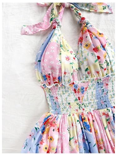 Image of MakeMeChic Women's Summer Mini Dress Floral Halter Ruffle Backless A Line Dresses Flowy Cami Vacation Sundress