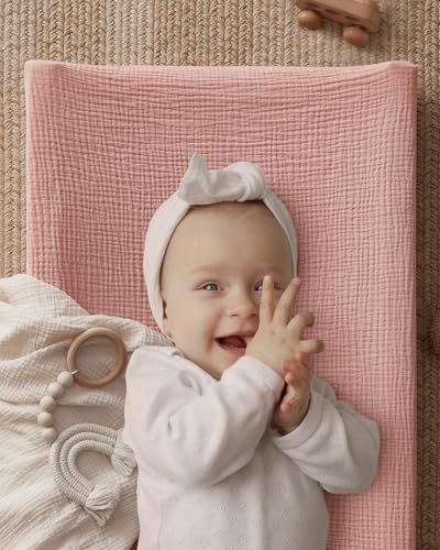 Image of Blissful Diary Muslin Changing Pad Cover for Baby Girls, Ultra Soft Breathable Cotton, Baby Diaper Change Table Pad Covers, 2Pack (Pink Floral & Light Pink)