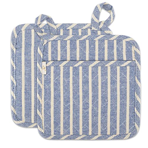 Neoviva Quilted Denim Kitchen Pot Holder Set Of 2 With Loop, 8”X8” Hot Pot Holders Heat Resistant With Pocket For Easy Grip, Woven Striped Cosmic Sky #TOP26