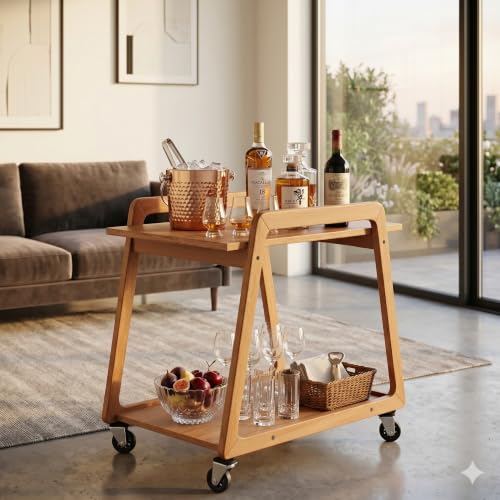 Image of Premium Solid Wood Multipurpose Kitchen Trolley & Serving Cart with Wheels | Portable Side Table for Living Room & Office | Stylish Wooden Furniture with Smooth Rolling Casters-Natural