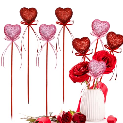 Valentines Day Glitter Heart Foam Picks Puffy Sparkly Heart on Sticks Valentines Day Floral Picks for Table Centerpiece Decoration Vase Wedding Crafts Stems Arrangement (4 Pink Red)