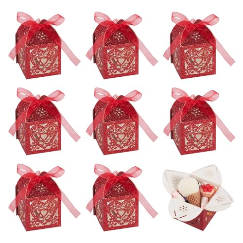 Boutigem Lot de 10 petites boîtes pour dragées, découpées au laser, rectangulaires, avec ruban, pour mariages, anniversaires, couleur rouge