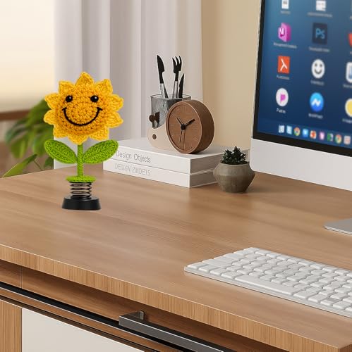 Image of Handmade Crochet Sunflower Car Dashboard Decorations Gifts for Women, Cute Sun Flower Hippie Car Bobblehead Dashboard Decor, Smiley Face Mini Sunflower Spring Desk Decorations 1 PCS