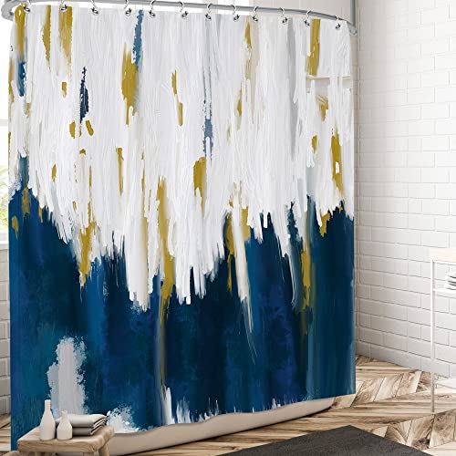 Navy Blue Gold Shower Curtain For Bathroom Abstract Modern Geometric Shower Curtain Aesthetic Oil Painting Bath Curtain Minimalist Bathroom Contemporary Art Home Bathtub Decor 60X72 With 10 Holes #TOP11