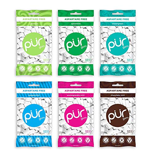 PUR Gum 100% Xylitol Chewing Sugar & Aspartame Free, Vegan + non GMO, White, 55 Count each(Variety Pack of 6)