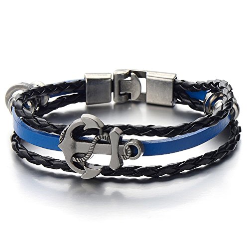 COOLSTEELANDBEYOND Mens Anchor Black Blue Braided Leather Bracelet Multi-Strand Leather Wristband Wrap Bracelet