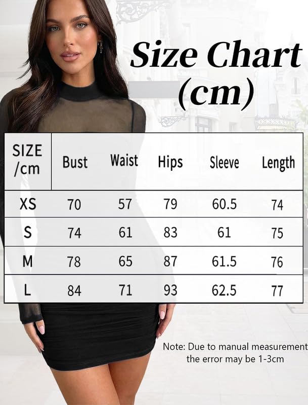 Vestito Donna Elegante Maniche Lunghe Collo Alto Sexy Mini Abito a Rete Trasparente Casual Vestito Corto Autunno Inverno Tubino Aderente con Arricciatura per Festa Discoteca Sera Cocktail