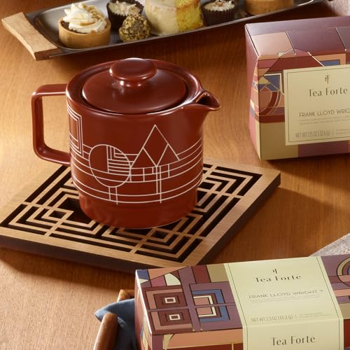 Image of Tea Forte Ceramic Teapot with Infuser, Frank Lloyd Wright, 20 oz | Sienna Etched Ceramic Teapot & Lid - Gold Loose Leaf Tea Infuser - Microwave & Dishwasher Safe