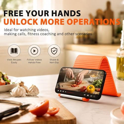 Image of HOUSELY Flexible Silicone Aluminum Phone Stand Foldable Adjustable Mobile Holder Anti Slip Desk Mount Portable Bendable Tablet Support Laptop Stand for Table Travel Office Home - Orange