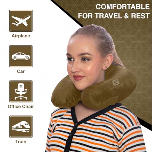 Image of CRAE Soft Fibre Filled Neck Pillow for Car, Train, Flight Travel, Neck Support Rest Pillow with Attachable Snap Strap | Pack of 1 | Tan Brown