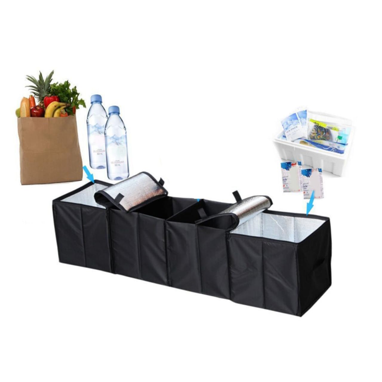 Organizer Bagagliaio Auto Pieghevole 4 Scomparti Pvc Nero | Capacità Ampia, Maniglie e Struttura Espandibile, per Tenere gli Oggetti in Ordine