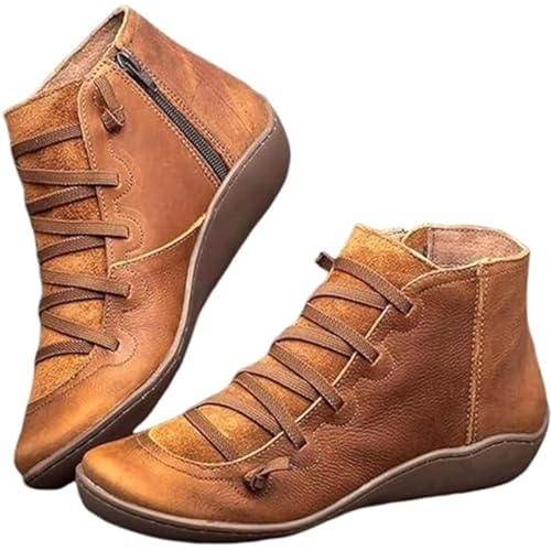Women's Vintage Casual Short Ankle Boots, Fall Boots 2025 Arch Support Fashion No Heel Lace Up Side Zipper Retro Leather Booties Comfy Damping Sole Slip On Flat Shoes Spring Fall Winter