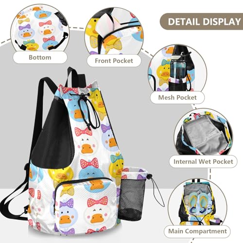 Cartoon Duck Bowtie White Drawstring Gym Backpack for Men Women Pull String Sports Swim Bag with Mesh Pocket & Adjustable Strap Beach Backpack for Travel Outdoor Swimming3